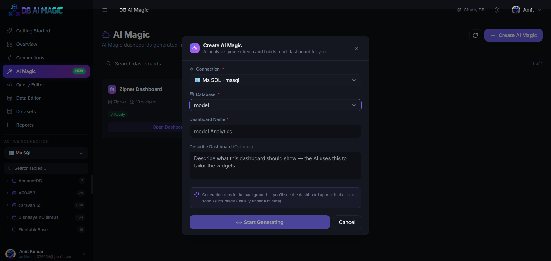Create AI Magic modal — connection, database, optional description.